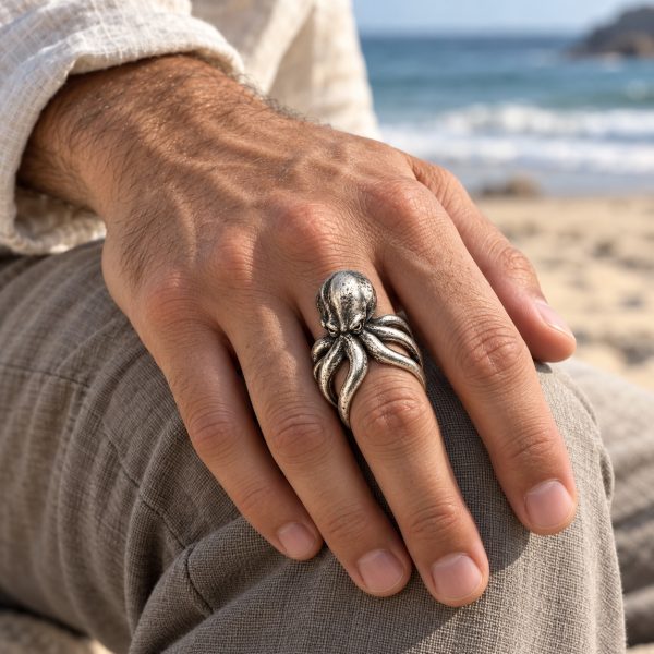 Sculpted silver-tone octopus ring worn on a finger, showing the head and curved tentacle design