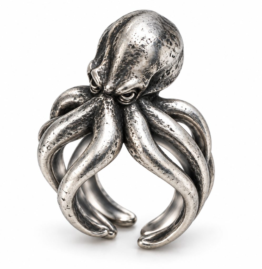 Silver-tone octopus ring with a sculpted head, recessed eyes and rounded wrapping tentacles on white