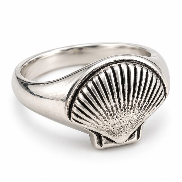 Silver-tone scallop shell signet ring with radiating ribs and dark grooves on a white background