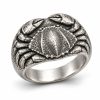 Silver-tone wide band ring with a raised crab, textured shell and folded legs on a white background