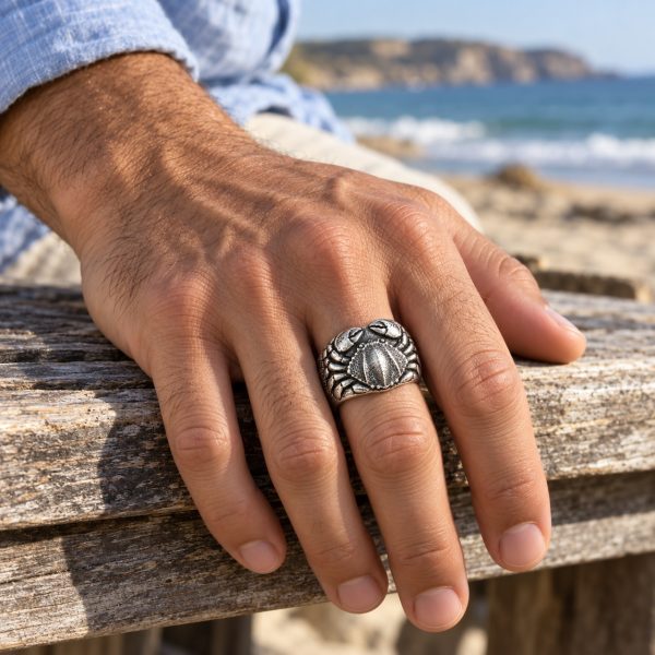 Textured silver-tone crab relief ring worn on a finger, showing the broad face and raised claws