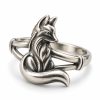 Silver-tone sitting fox ring with upright ears, a sweeping tail and split shoulders on white