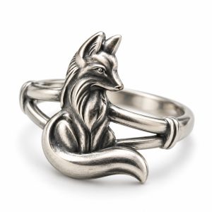 092 silver-tone-sitting-fox-split-band-ring Silver-tone sitting fox ring with upright ears, a sweeping tail and split shoulders on white