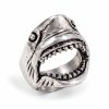 Textured silver-tone shark head ring with an open mouth and sculpted teeth on a white background