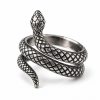 Silver-tone coiled snake ring with raised scales, a defined head and tapered tail on a white background