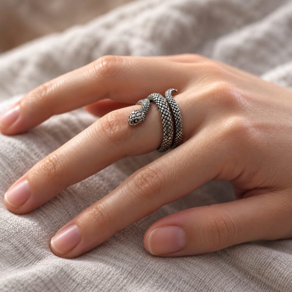 Silver-tone coiled snake ring worn on a finger, showing the layered body, head and textured scales