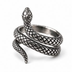 094 silver-tone-textured-coiled-snake-ring Silver-tone coiled snake ring with raised scales, a defined head and tapered tail on a white background