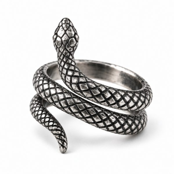 Silver-tone coiled snake ring with raised scales, a defined head and tapered tail on a white background